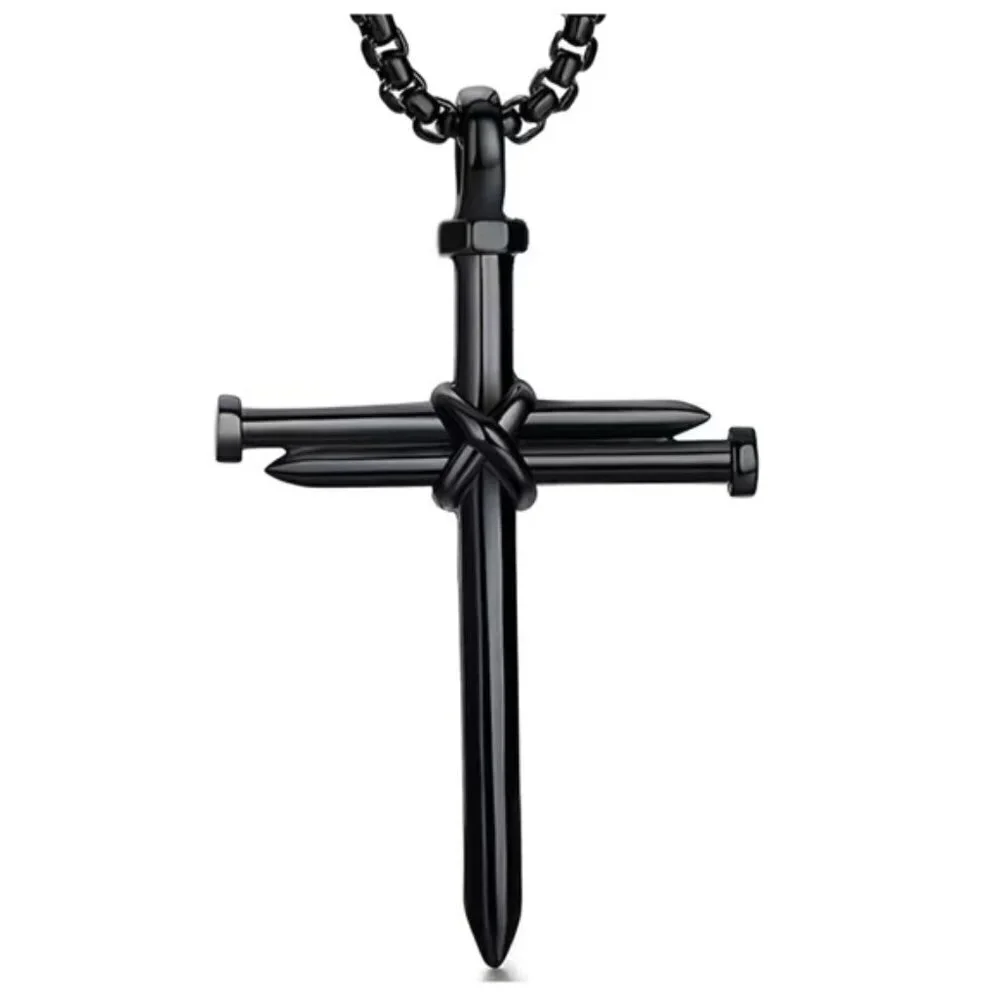 Cross 3 Nail Necklace Statement Piece Pendant Chain and Gift Pouch Black